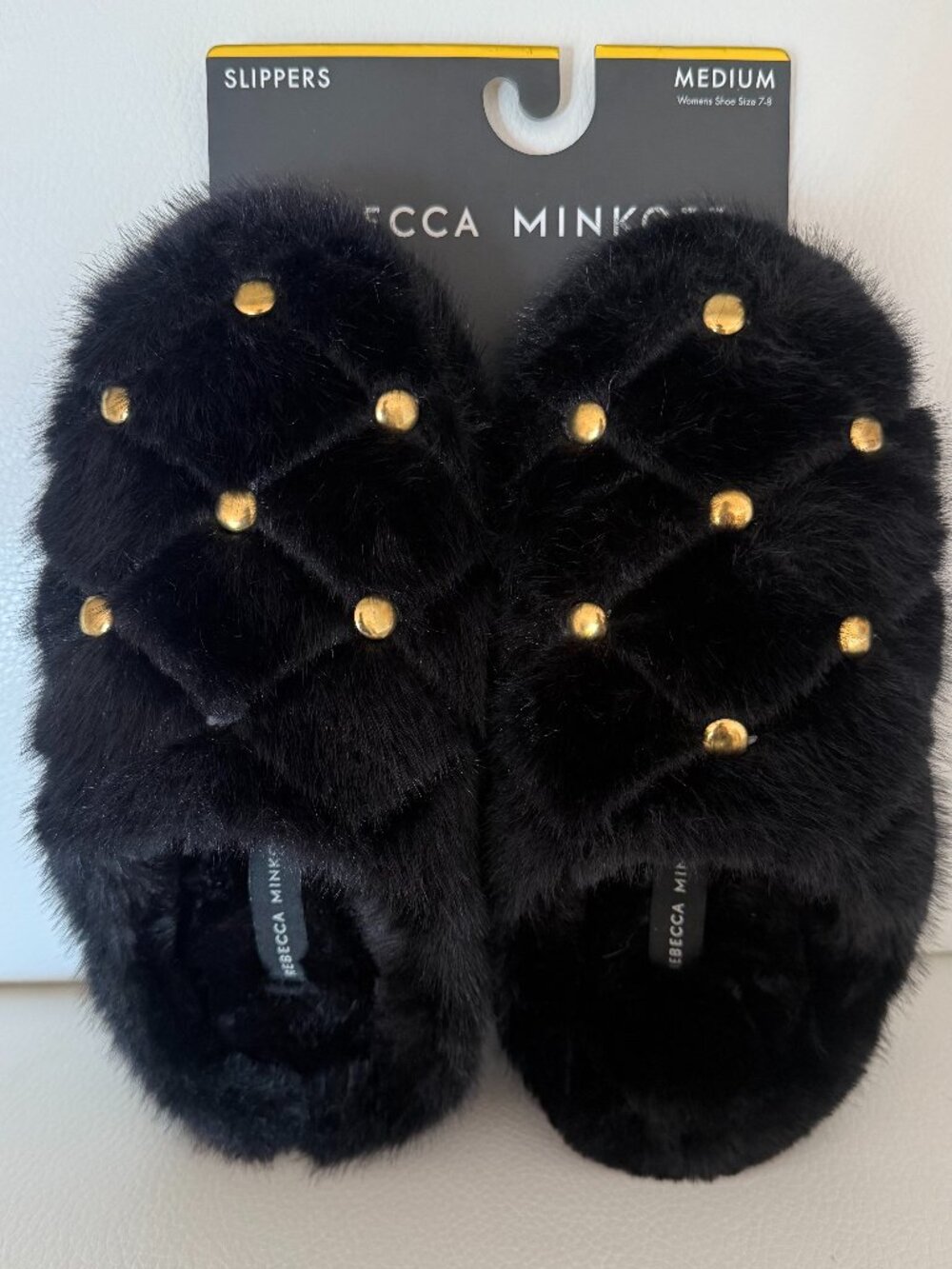 NEW REBECCA MINKOFF BLACK FAUX FUR STUDDED SLIPPER MEDIUM 7 / 8
